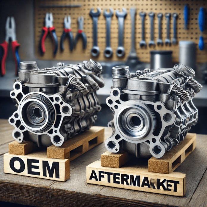 Comparison of OEM and aftermarket car parts on a mechanic's workbench