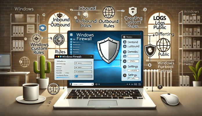 Illustration of a Windows laptop displaying firewall settings, including inbound and outbound rules, custom rule creation, and managing profiles like Domain, Private, and Public.