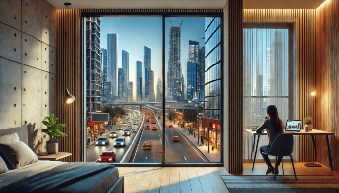 A modern apartment with soundproof windows overlooking a busy city skyline with cars, construction, and streets.