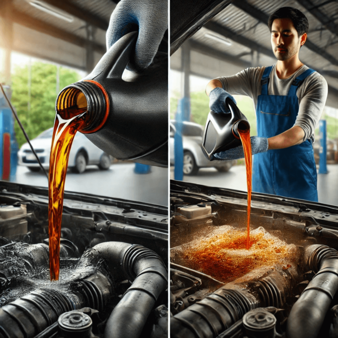 Mechanic pouring fresh motor oil into a car engine in a clean auto workshop, highlighting the difference between clean and dirty oil for maintaining engine health and performance.