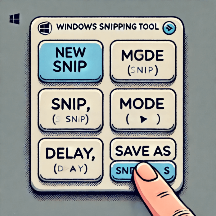 Image of the Windows Snipping Tool interface with labeled buttons, including 