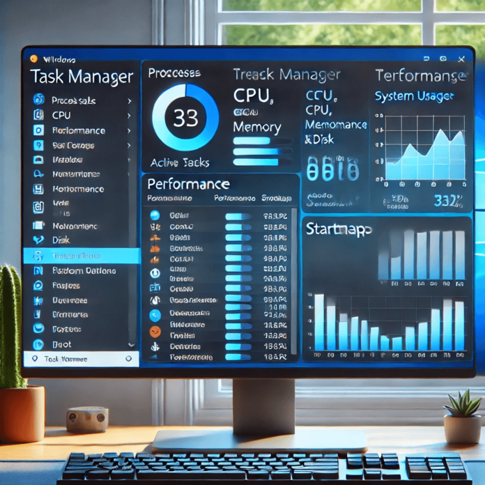 Windows Task Manager open showing active processes, real-time performance graphs, and startup program management for system optimization.