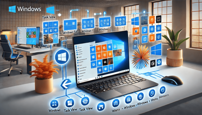 Illustration of a Windows laptop using Virtual Desktops, highlighting the Task View feature with multiple desktops open.