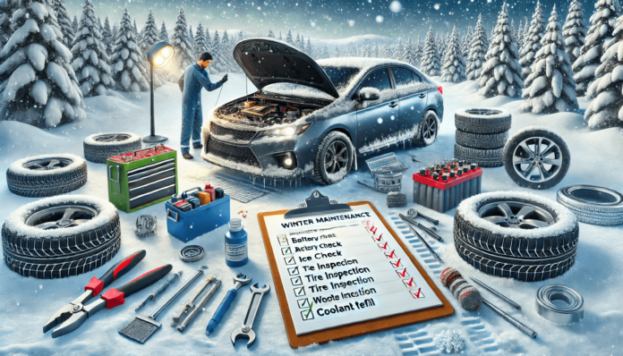 Mechanic performing winter car maintenance, checking battery, tires, and engine in a snowy setting with essential tools and checklist.