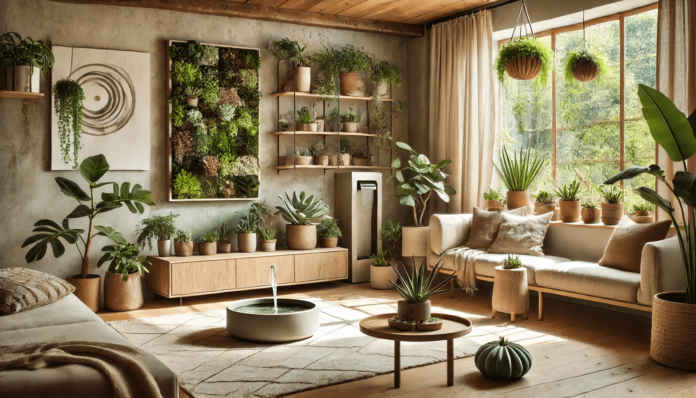 Modern living room with biophilic design, featuring large windows, indoor plants, earthy decor, wooden furniture, and a small water fountain.