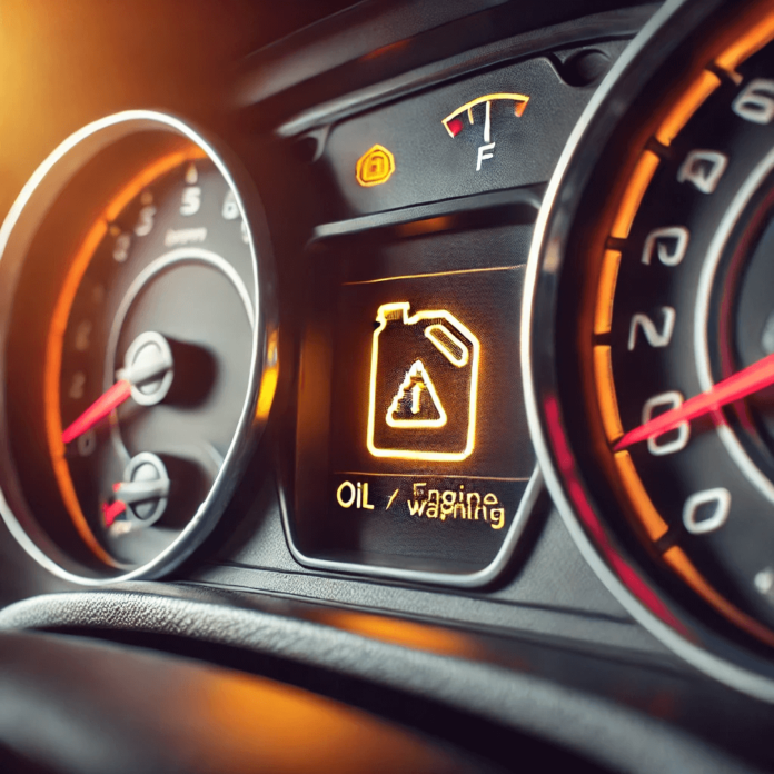 Car dashboard with a bright oil warning light, emphasizing the need for timely car maintenance.