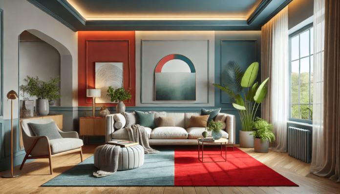 A modern living room with blue and green accent walls promoting tranquility, a bold red rug adding energy, and neutral furnishings like a beige sofa and gray pillows, complemented by plants and artwork.