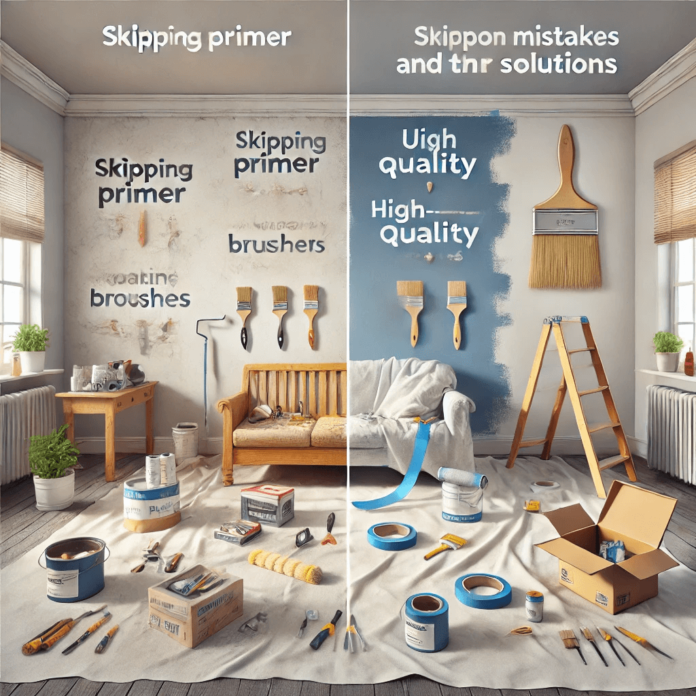 A DIY wall painting setup showing common mistakes like uneven coats and skipped primer, alongside a properly finished wall with clean lines and quality tools.