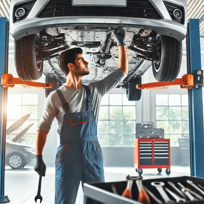 Mechanic performing car maintenance service on a lifted vehicle in a professional garage.