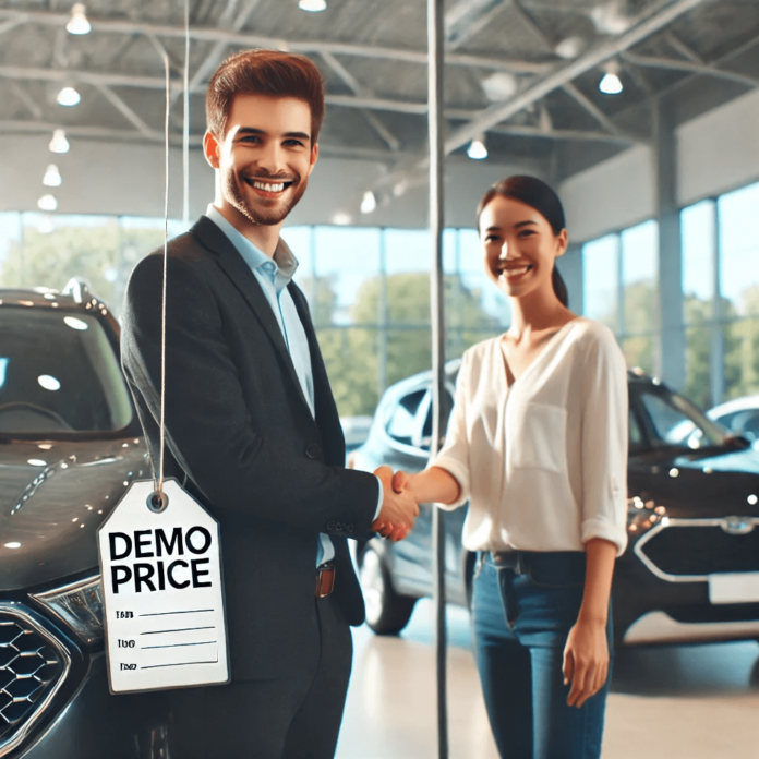 Customer shaking hands with a car dealer next to a demo car in a modern showroom, symbolizing a successful negotiation.