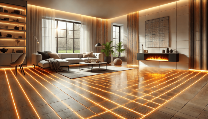 A modern living room featuring underfloor heating with ceramic tile and engineered wood flooring, showcasing a minimalist design with a cozy couch, coffee table, and natural light from large windows.