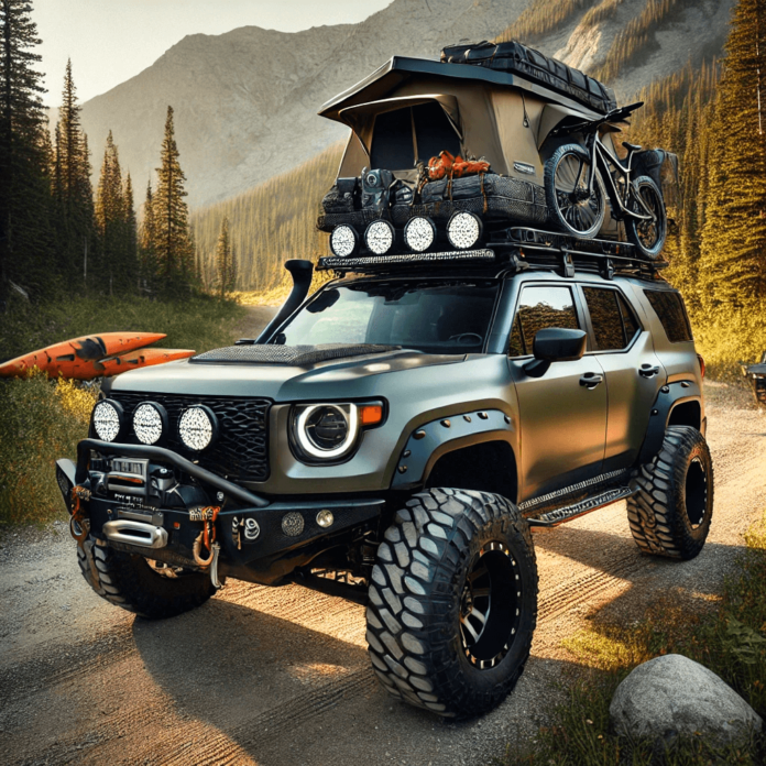 Rugged SUV customized for outdoor adventures with all-terrain tires, a roof rack, rooftop tent, and LED light bars, parked on a scenic off-road trail.