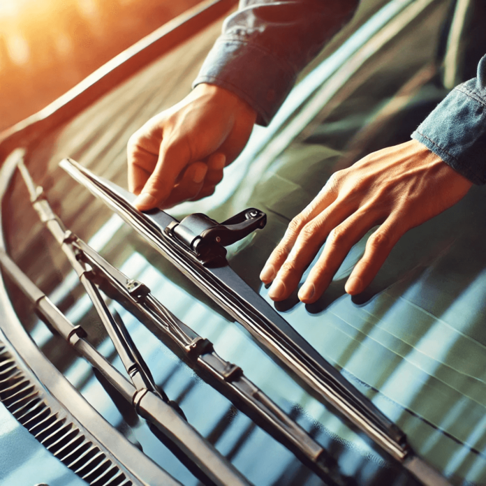 Person replacing a windshield wiper blade, lifting the wiper arm and unclipping the old blade.