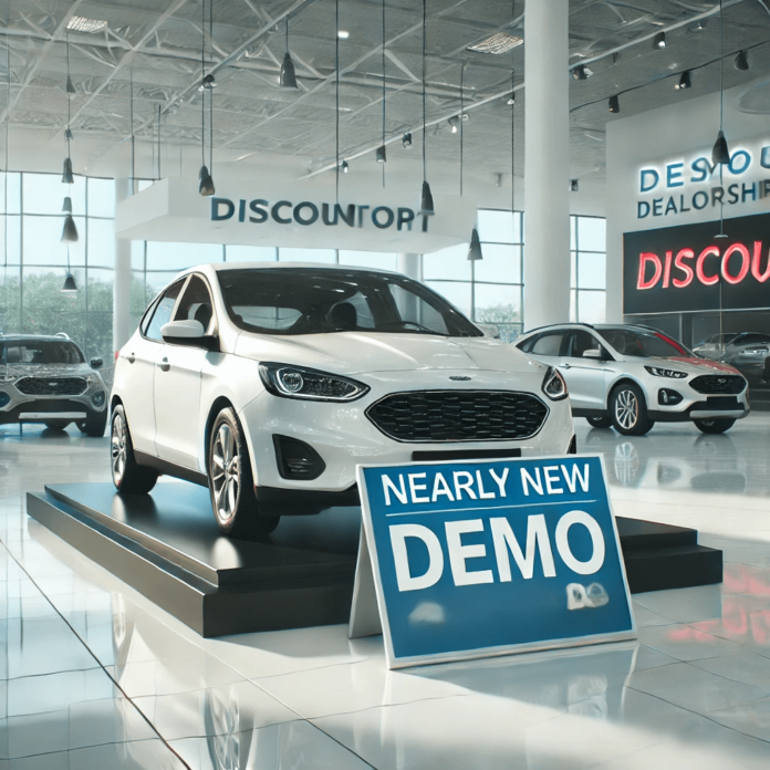 Nearly new demo car with a discount tag displayed in a dealership showroom.