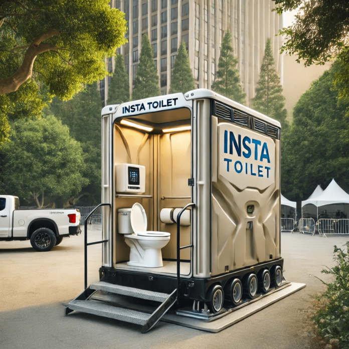 Modern Insta Toilet portable restroom at an outdoor event, featuring a compact design with eco-friendly features like ventilation and waterless flushing.