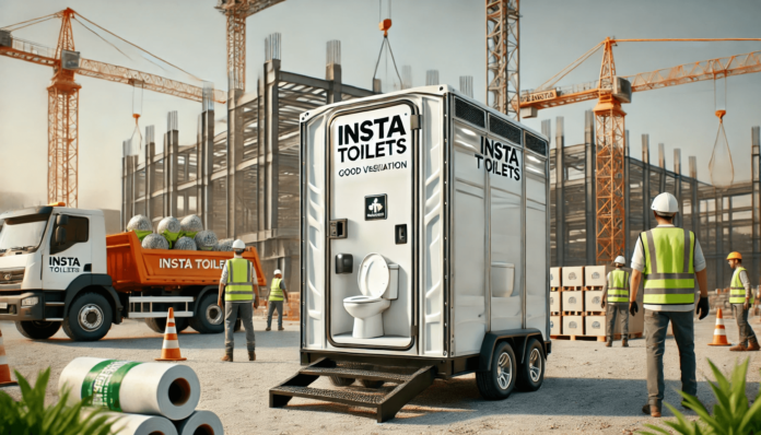 A modern, eco-friendly portable toilet labeled 'Insta Toilets' at an outdoor music festival, surrounded by a cheerful crowd, colorful tents, and a stage in the background, emphasizing hygiene, comfort, and sustainability