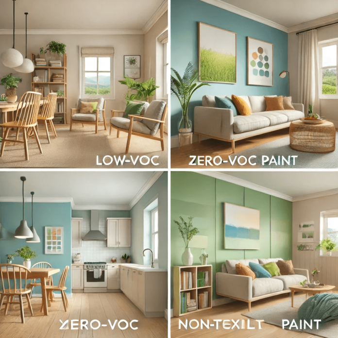 A modern home interior featuring eco-friendly paint options with pastel green walls in the living room, zero-VOC blue walls in a child’s bedroom, and moisture-resistant neutral tones in the kitchen.