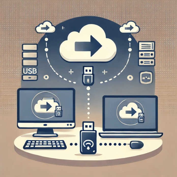 Illustration of data transfer between two Windows PCs with cloud storage and USB icons