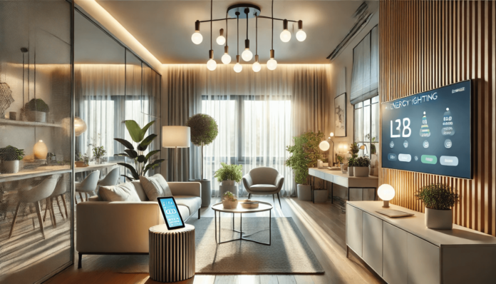 Modern living space with energy-efficient LED lighting, smart controls, and natural light streaming through large windows with sheer curtains.