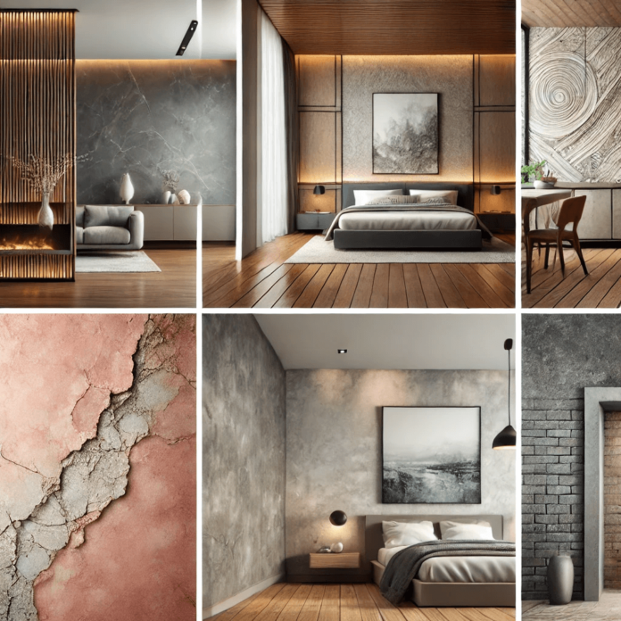 A modern interior displaying faux wall finishes, including sleek Venetian plaster, soft sponging, elegant marbling, and rustic faux brick textures.