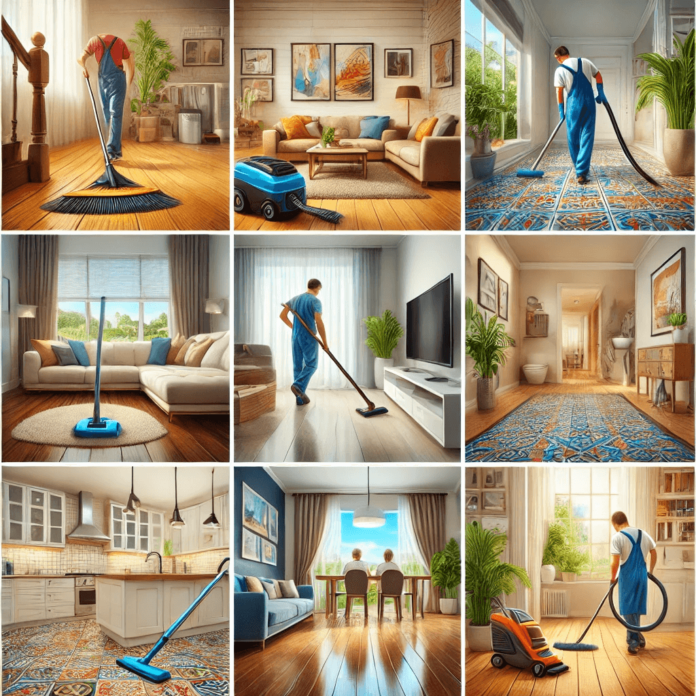 Collage of flooring maintenance techniques, featuring sweeping hardwood in a living room, cleaning grout on tile in a kitchen, vacuuming carpet in a bedroom, mopping vinyl in a hallway, and dusting stone in an entryway