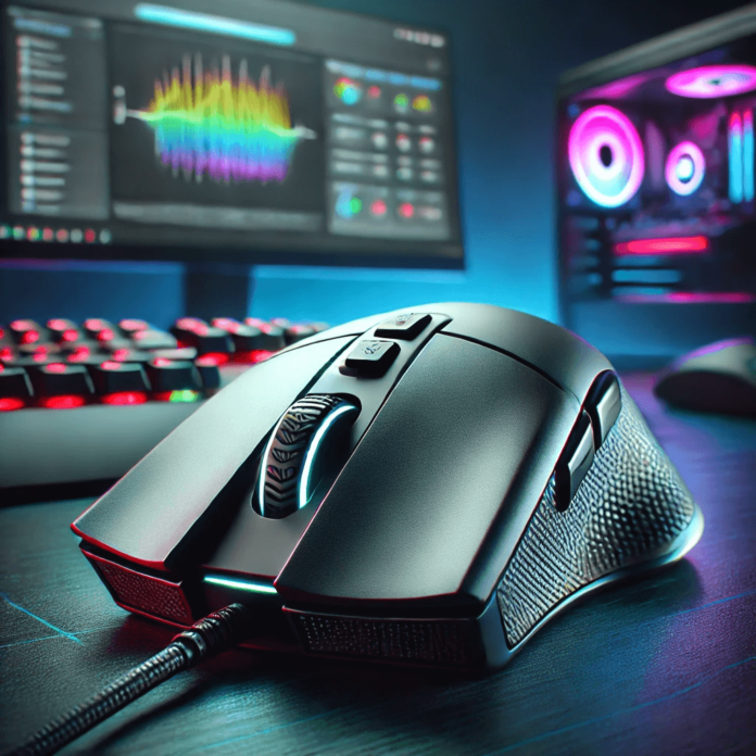 Image of a high-performance gaming mouse with customizable buttons and ergonomic design on a gaming desk setup with RGB lighting in the background.