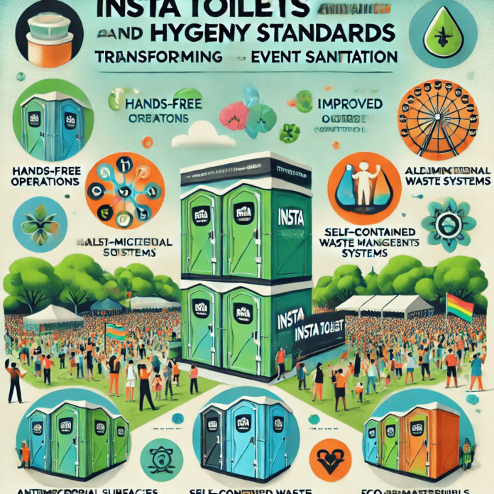 Infographic highlighting Insta Toilets' impact on hygiene at outdoor events, showcasing features like hands-free operations, waste management systems, and odor control.