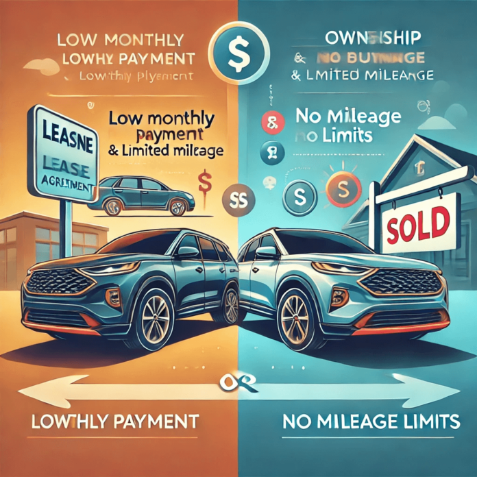 Illustration comparing leasing and buying an SUV, showing monthly payment benefits of leasing versus ownership perks like customization and no mileage limits.