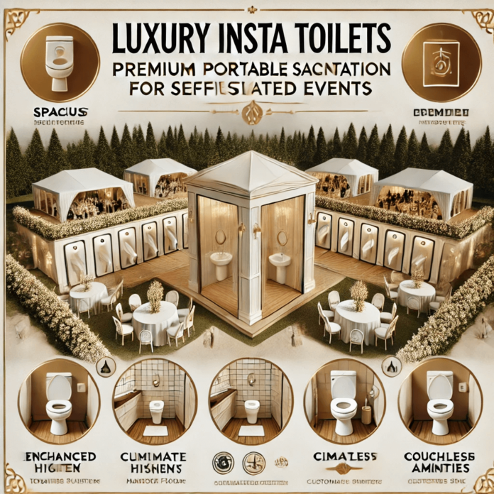 Elegant infographic showcasing Luxury Insta Toilets with features like spacious interiors, stainless steel fixtures, climate control, and touchless amenities, set against the backdrop of an upscale outdoor event