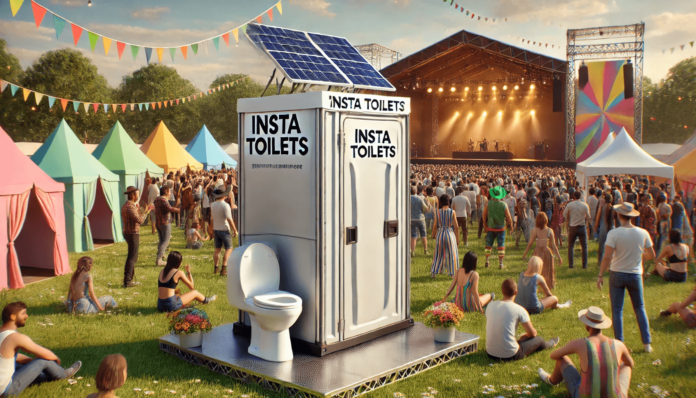 A durable and modern portable toilet unit labeled 'Insta Toilets' on a construction site, with workers, construction machinery, and materials in the background, showcasing hygiene and eco-friendliness.