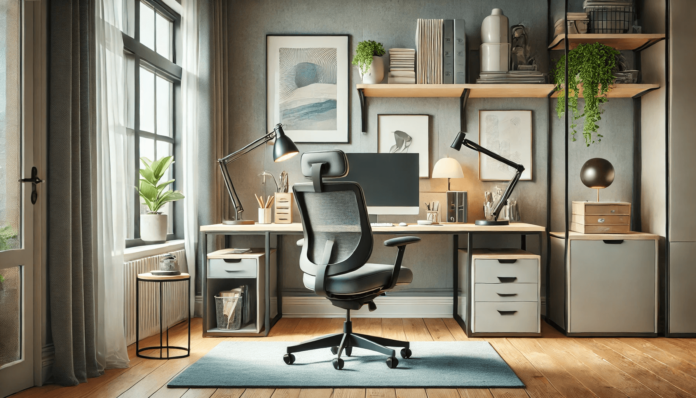 Stylish home office with ergonomic chair, sleek desk by a large window, task lighting, organized shelves, indoor plants, and soft blue decor accents.