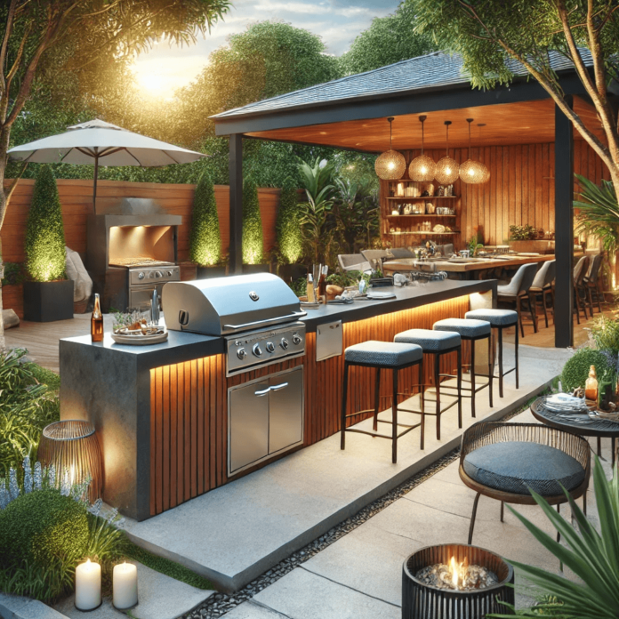 A stylish outdoor kitchen with a built-in grill, ample counter space, bar seating, and lush greenery in the background.