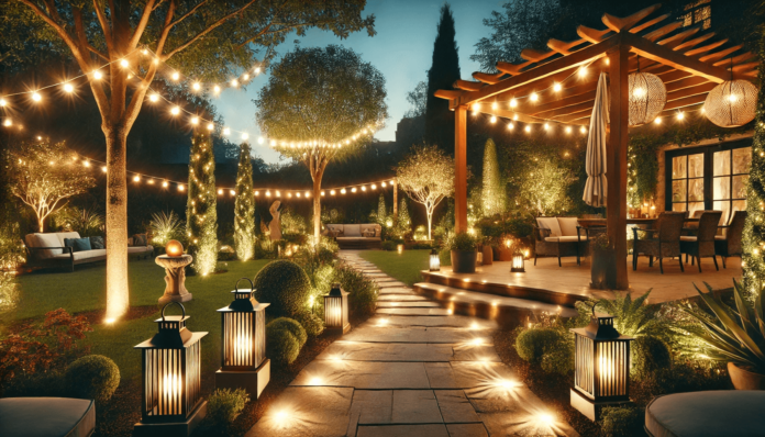 Beautifully designed garden and patio with pathway lights, string lights on a pergola, and uplights highlighting trees and sculptures for a cozy ambiance.