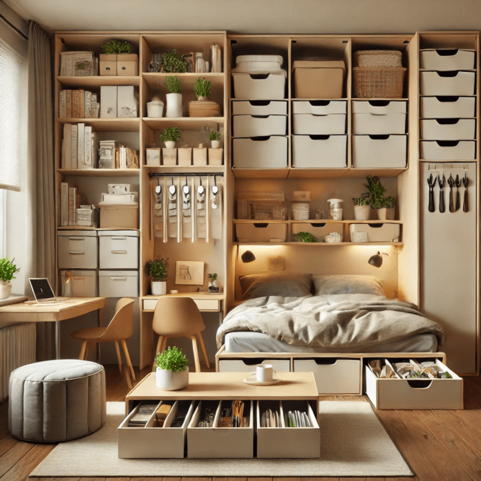 Cozy small apartment with smart storage solutions, including a bed frame with drawers, an ottoman with hidden storage, and vertical shelving with books and plants, designed to maximize space efficiently.