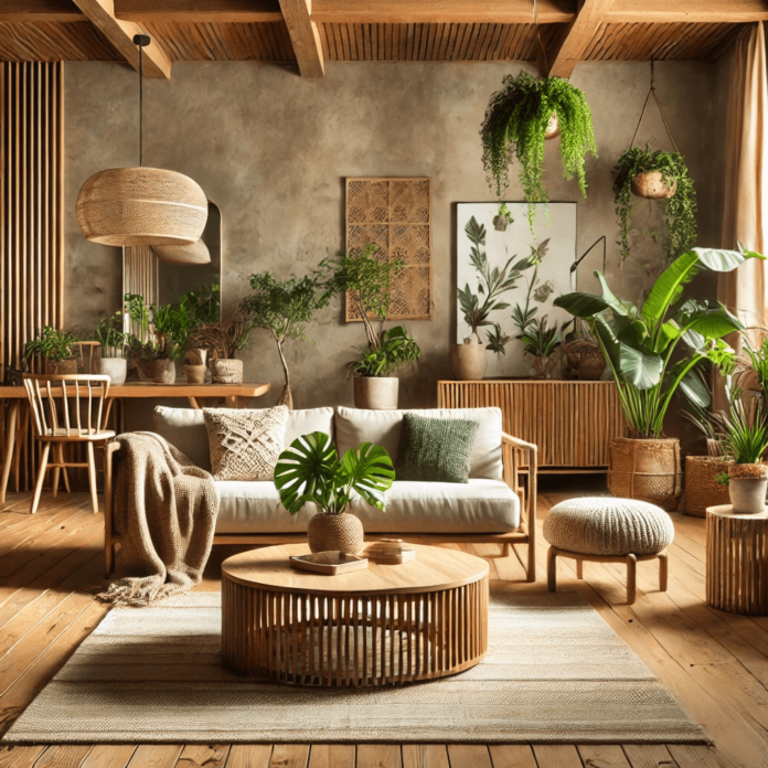 Modern living room with bamboo furniture, reclaimed wood accents, and indoor plants, highlighting sustainable, eco-friendly interior design.