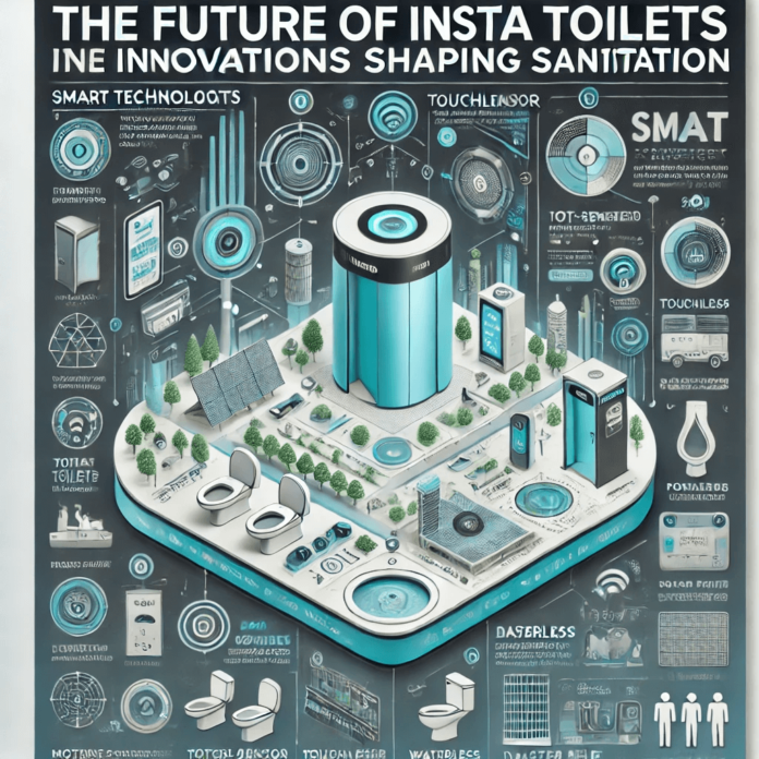 Infographic highlighting the future of Insta Toilets with features like IoT-enabled sensors, touchless technology, solar panels, and applications in events, public spaces, and disaster relief.