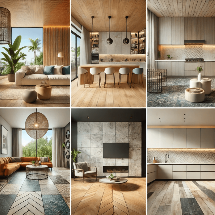 Collage featuring the top 5 trending flooring options for 2025, including bamboo flooring in a bright living room, LVP in a stylish kitchen, and engineered wood in a versatile basement.