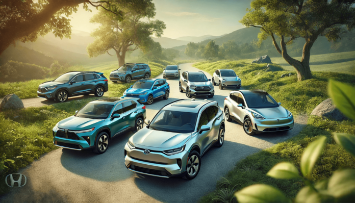 Lineup of fuel-efficient SUVs including Toyota RAV4 Hybrid, Honda CR-V Hybrid, Ford Escape Hybrid, and Tesla Model Y parked on a scenic road with lush greenery, sunlight filtering through tree canopies, and distant mountains in the background.