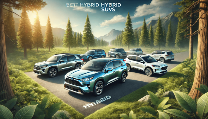 Line-up of eco-friendly hybrid SUVs parked in a scenic setting with green trees and mountains, showcasing sustainability and modern design