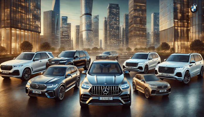 Lineup of luxury SUVs including Mercedes-Benz GLE, BMW X7, Range Rover, Audi Q8, Porsche Cayenne, showcasing sleek designs and premium features in soft evening lighting.