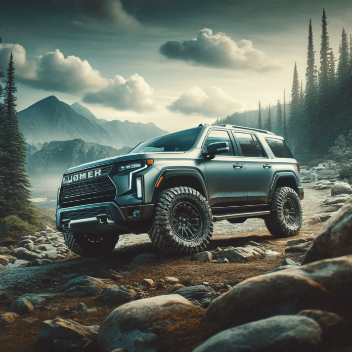 Off-road SUV parked on rocky terrain with mountains in the background, highlighting rugged design and adventure readiness.