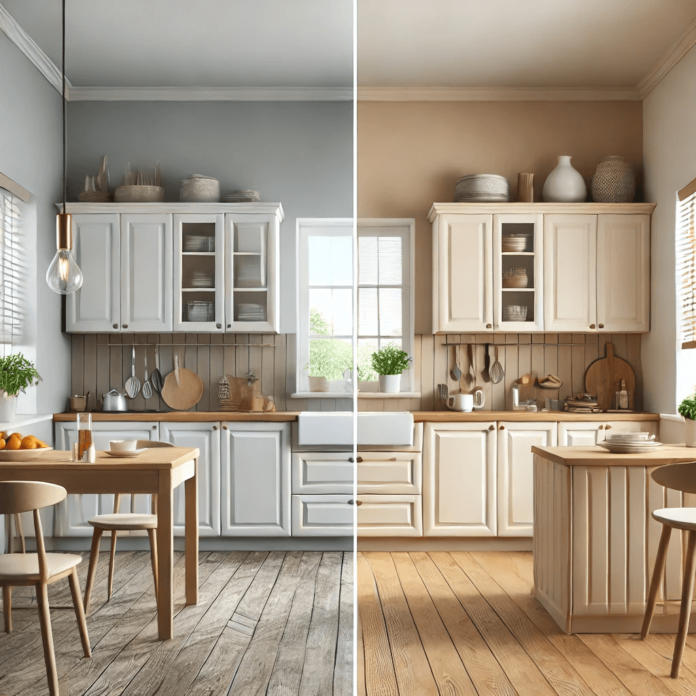 Split view of a modern kitchen showcasing before and after cabinet painting for a budget-friendly kitchen upgrade.