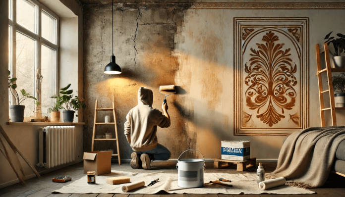 A person painting an old wall with a roller brush, transforming cracked and stained surfaces into a smooth, flawless finish, with tools like spackle, sandpaper, and primer nearby.