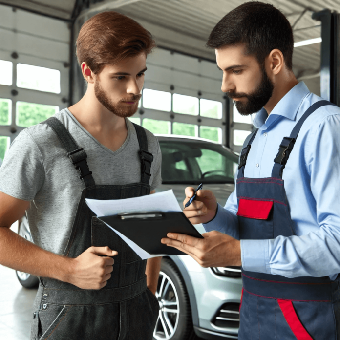 Mechanic discussing a car repair estimate with a customer in a professional garage setting.