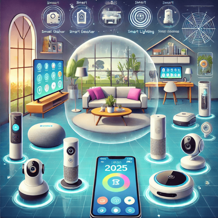 Illustration of a smart home setup with must-have devices for 2025, including smart speakers, thermostats, lighting, security cameras, and a video doorbell.