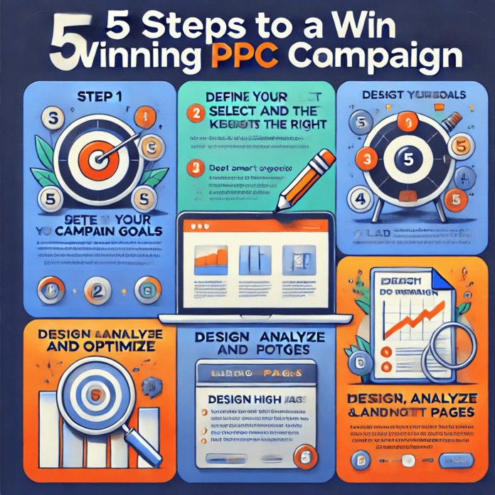 Infographic depicting 5 steps to a winning PPC campaign: Define campaign goals, research keywords, craft compelling ad copy, design high-converting landing pages, and monitor performance.