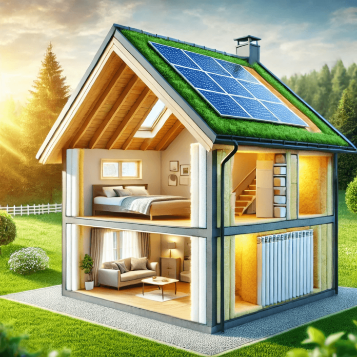 Cross-section of a modern home showing insulation layers, solar panels on the roof, and eco-friendly surroundings.