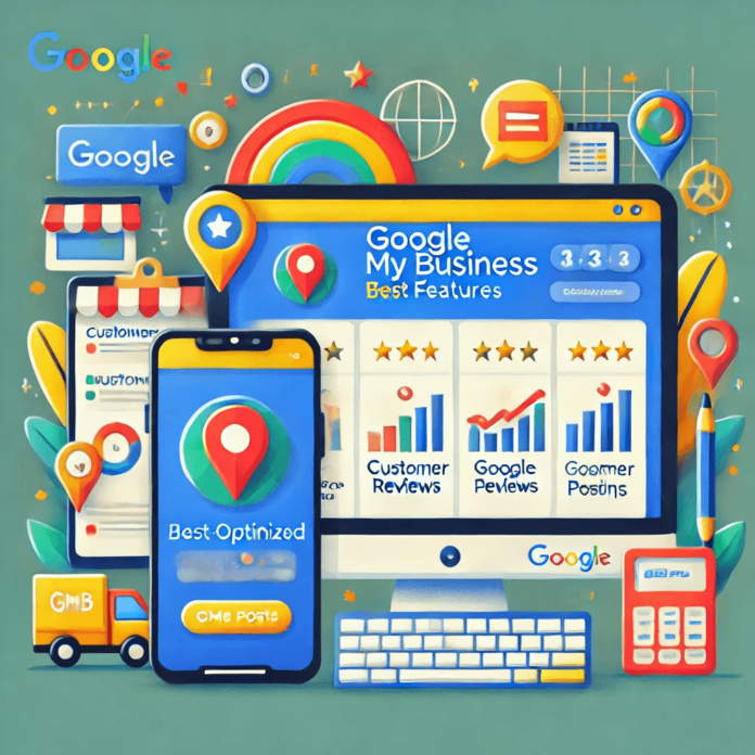 Illustration showcasing Google My Business features, including a GMB profile on smartphone and desktop with customer reviews, Google Posts, analytics, and Maps integration.