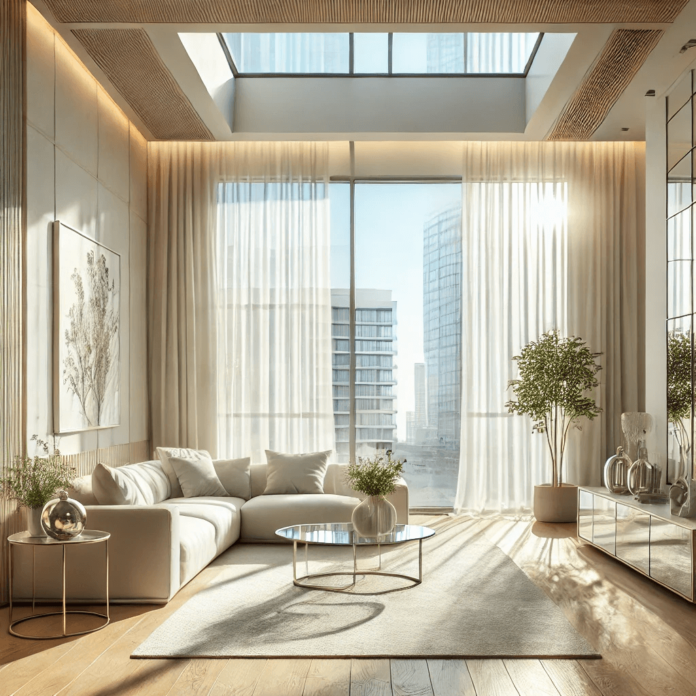 A minimalist modern living room with floor-to-ceiling windows, sheer white curtains, a large decorative mirror reflecting sunlight, white furniture, a glass coffee table, light oak flooring, and potted green plants.