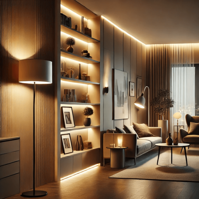 A modern living room featuring a floor lamp, LED strip lights under a shelf, and a wall sconce, showcasing creative lighting solutions for dark corners.